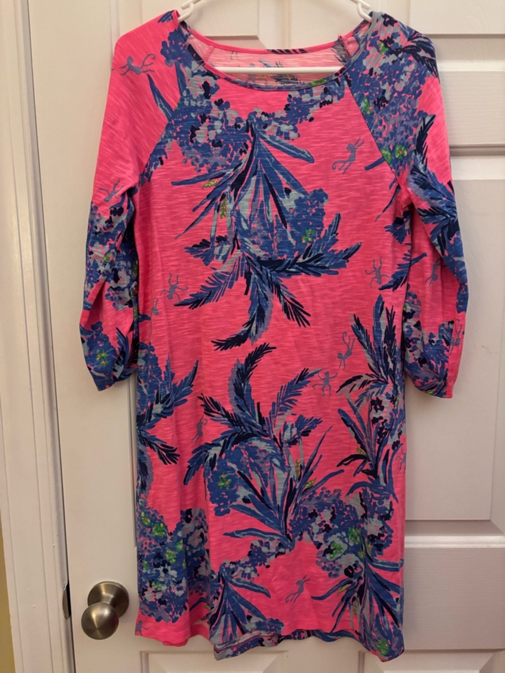 Lilly Pulitzer Coral Pink Dress with Blue Tropical Print Cotton Modal Size Small